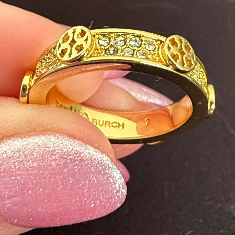 Tory Burch Gold Crystal Icon Pave Logo Ring - Size 6.5 - NWOT - MSRP $150